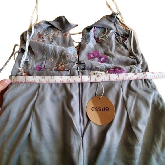 essue Floral Print Gray Maxi Romper Dress With Sheer Overlay Halter Neck Size L - Picture 9 of 16